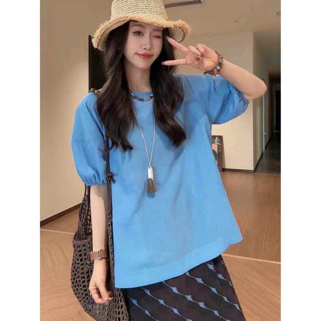 巨显白蓝色泡泡袖圆领衬衫女2025新款独特漂亮衬衣宽松显瘦上衣夏