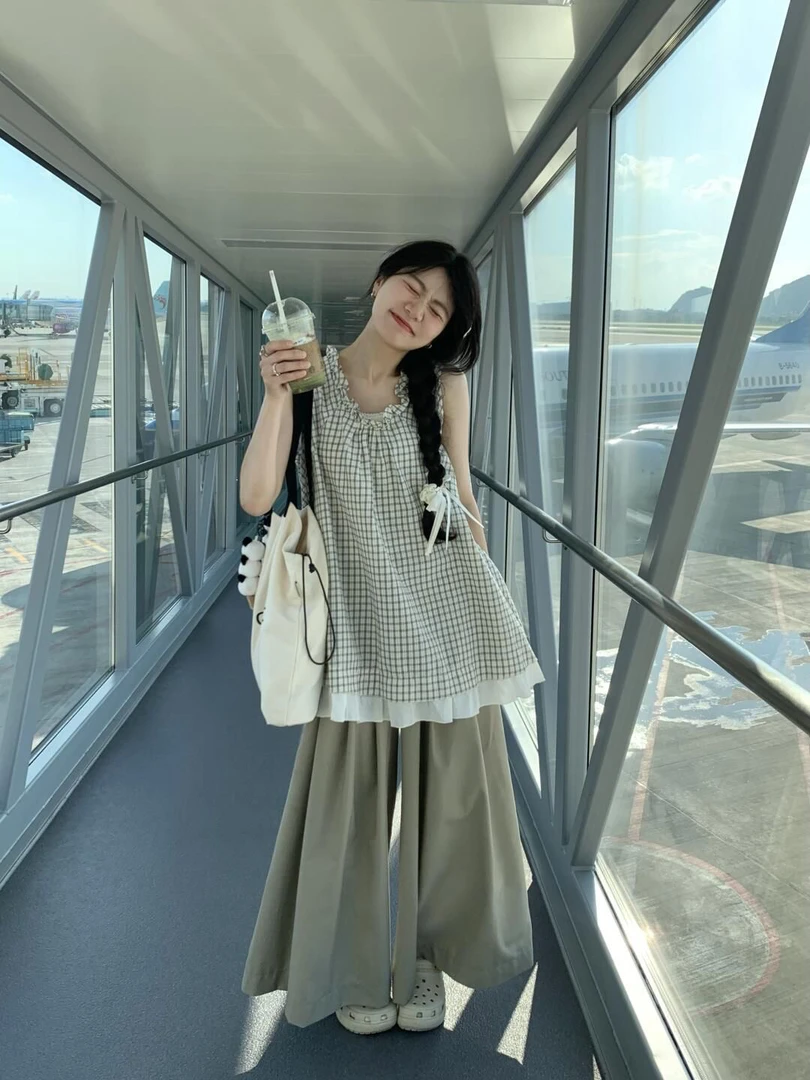 时尚套装女夏季韩系复古格子花边领口无袖背心搭配阔腿长裤两件套