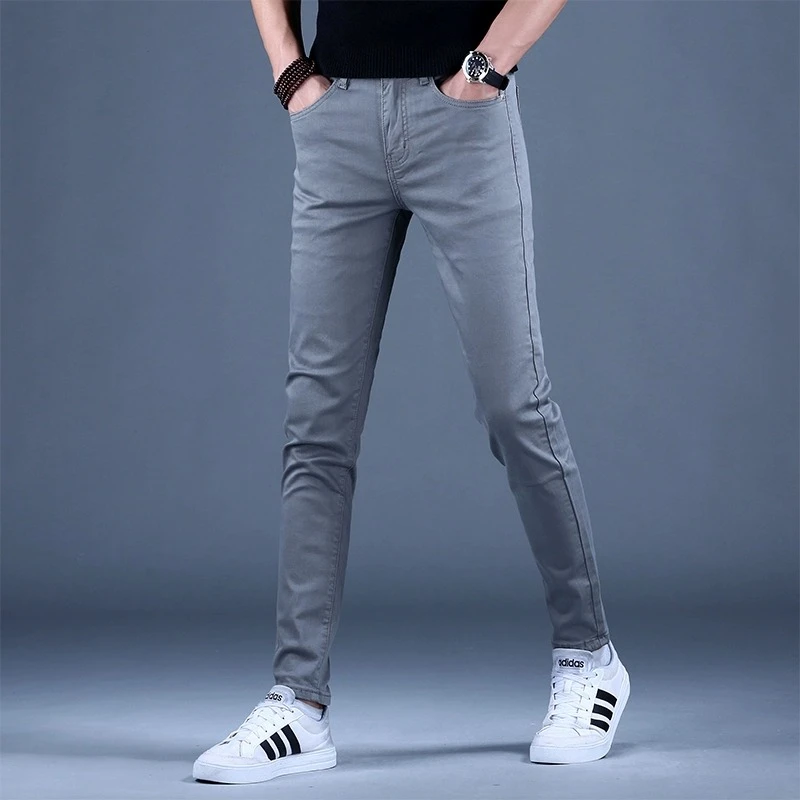 简纳曼克灰色休闲牛仔裤男款2025新款夏薄款高端修身弹力小脚裤子