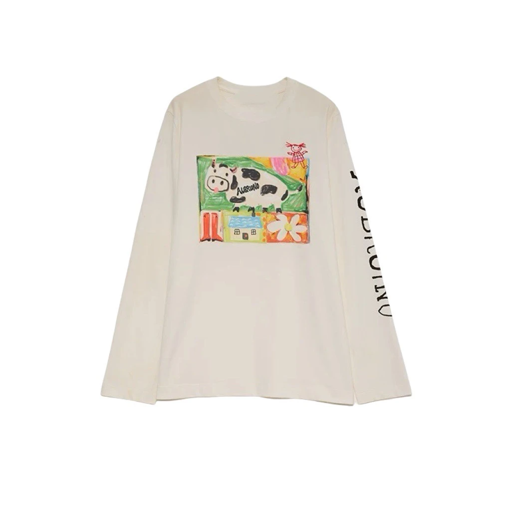 奶牛农场 2025早春印花chic风长袖T恤宽松春秋ins休闲套头圆领