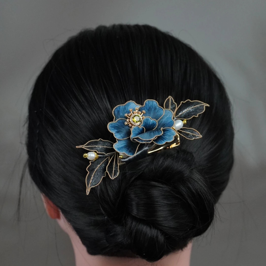 大气雍蓝牡丹夹子款 非遗绒花 国风日常旗袍配饰