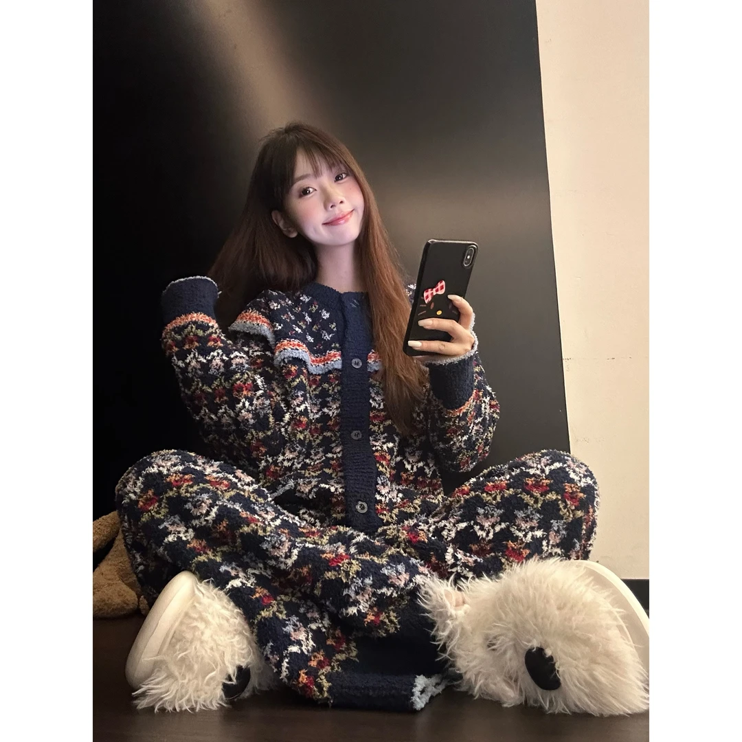 【深蓝花雨】复古民族风半边绒睡衣秋冬新款套装加绒加厚保暖家居服