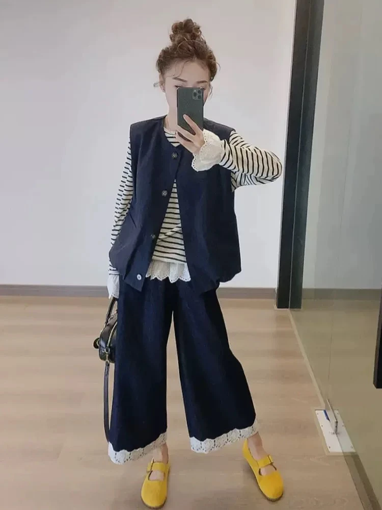 秋季大码女装蕾丝花边拼接马甲与条纹上衣搭配阔腿裤套装