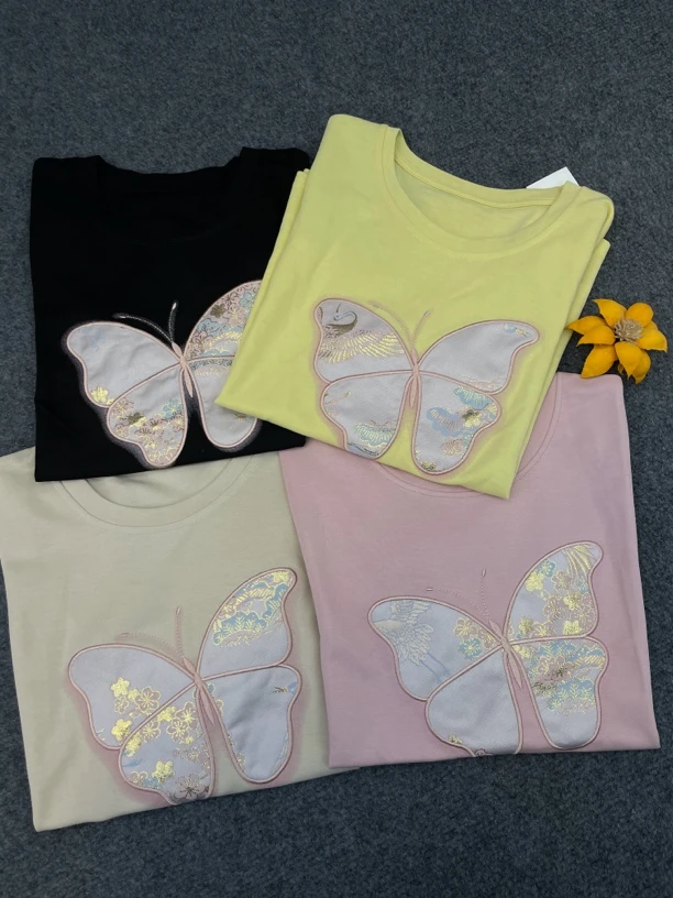 蝴蝶通勤圆领常规百搭刺绣T恤