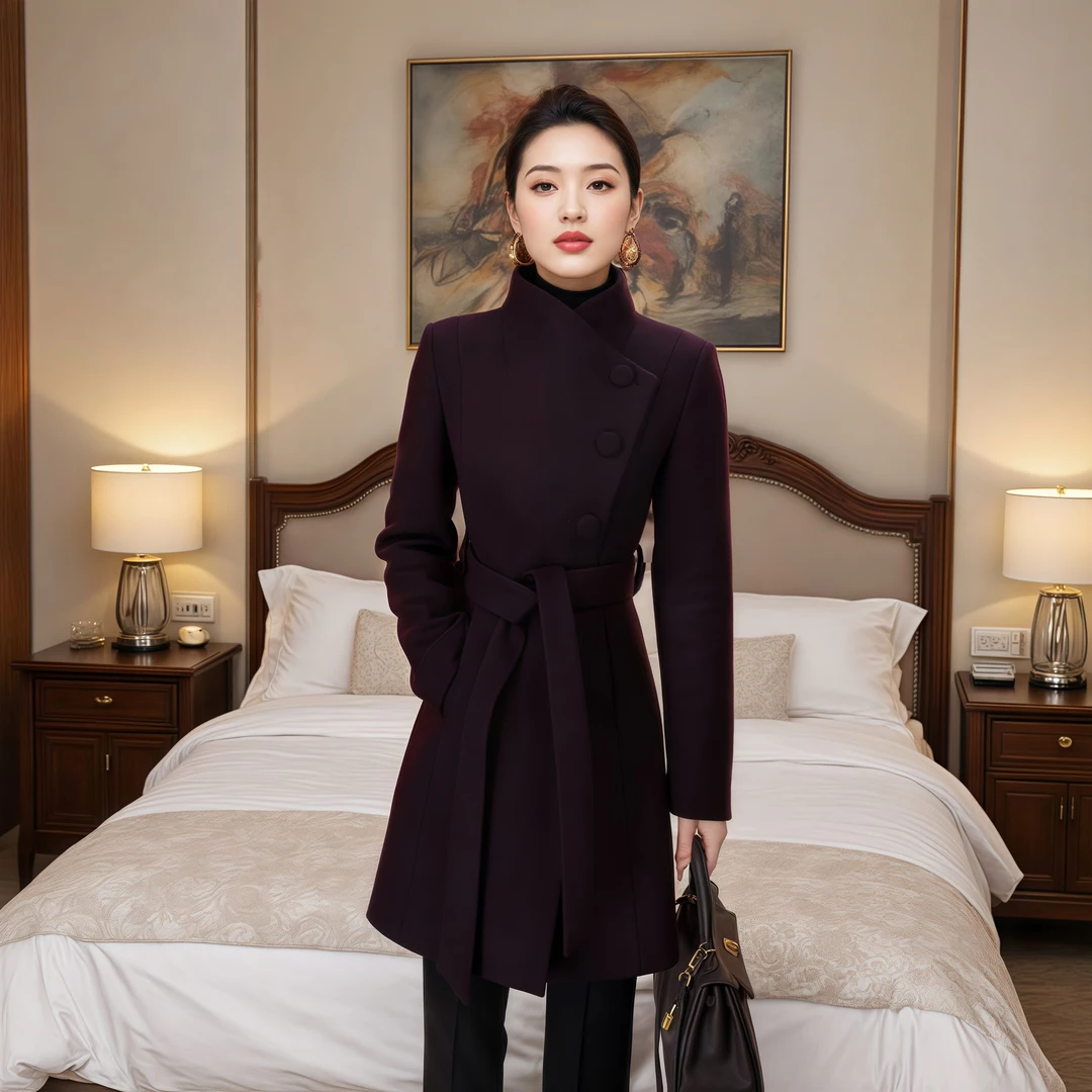 秋冬短款女正肩袖毛呢外套收腰气质呢羊毛大衣显瘦修身加棉冬装