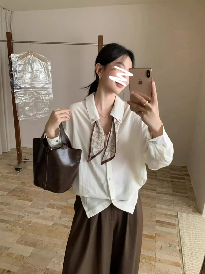 法式气质长袖丝巾衬衫女秋季时尚高级感套装高腰西裤休闲裤两件套