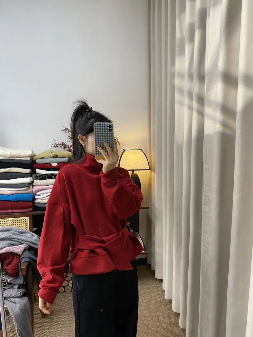 【慧慧精选】冬季新品～高知韩系腰带短款卫衣