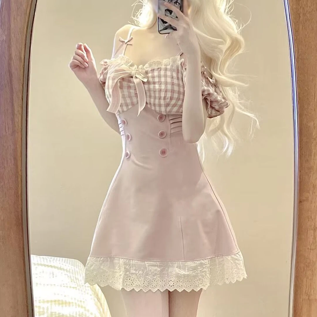 pinkmoon||法式复古风粉色格纹吊带连衣裙收腰显瘦蕾丝拼接A字裙