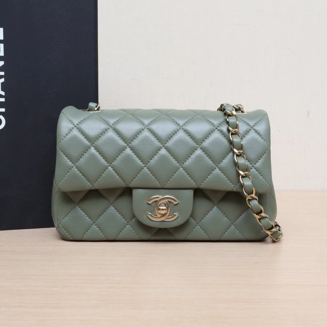 99新 Chanel/香奈儿 珊珊专属CF口盖包大Mini绿色皮革芯片开 金扣