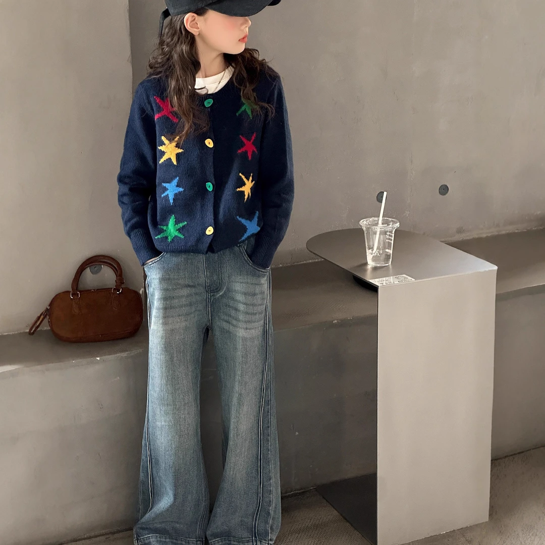 儿童秋装2025年新款大女童装宽松裤子春秋款弯刀牛仔裤秋季直筒裤