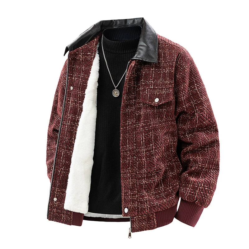 格子显瘦加绒夹克外套胖子休闲宽松秋冬装加厚加肥加大码男装保暖