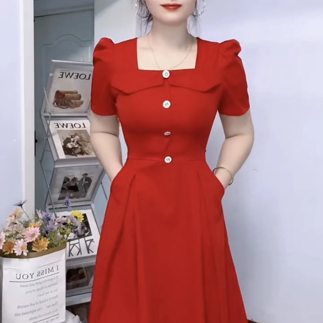 夏季新款蝴蝶结设计方领修身短款高腰显瘦连衣裙女高级感