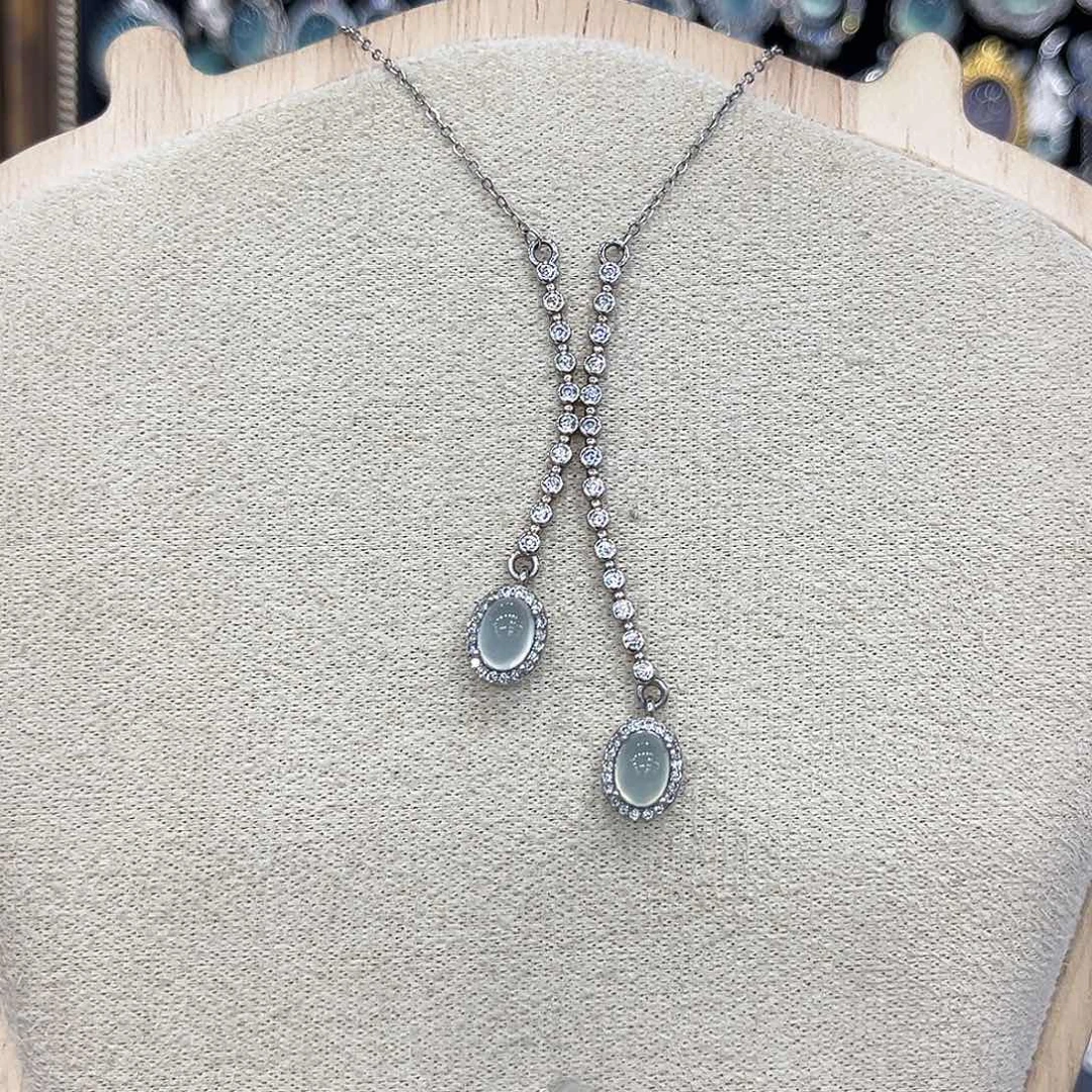 岫玉银S925镶嵌套链大漏款天青冻