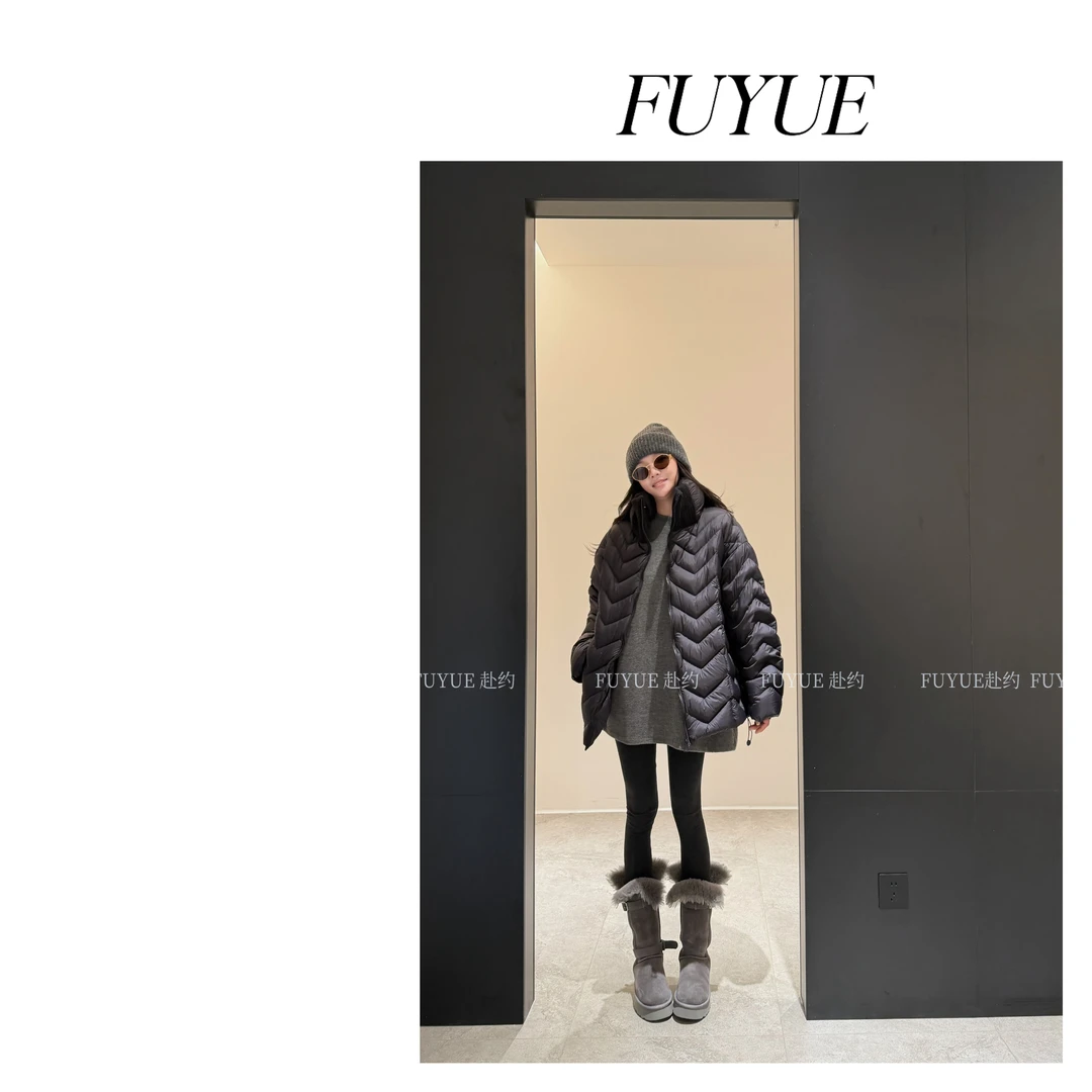 FUYUE赴约  品质秋冬黑色羽绒服毛织领子中大款遮肉时尚休闲百搭