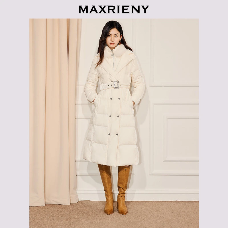 MAXRIENY气质感过膝长款羽绒服25冬款收腰X型显瘦丝绒外套长款