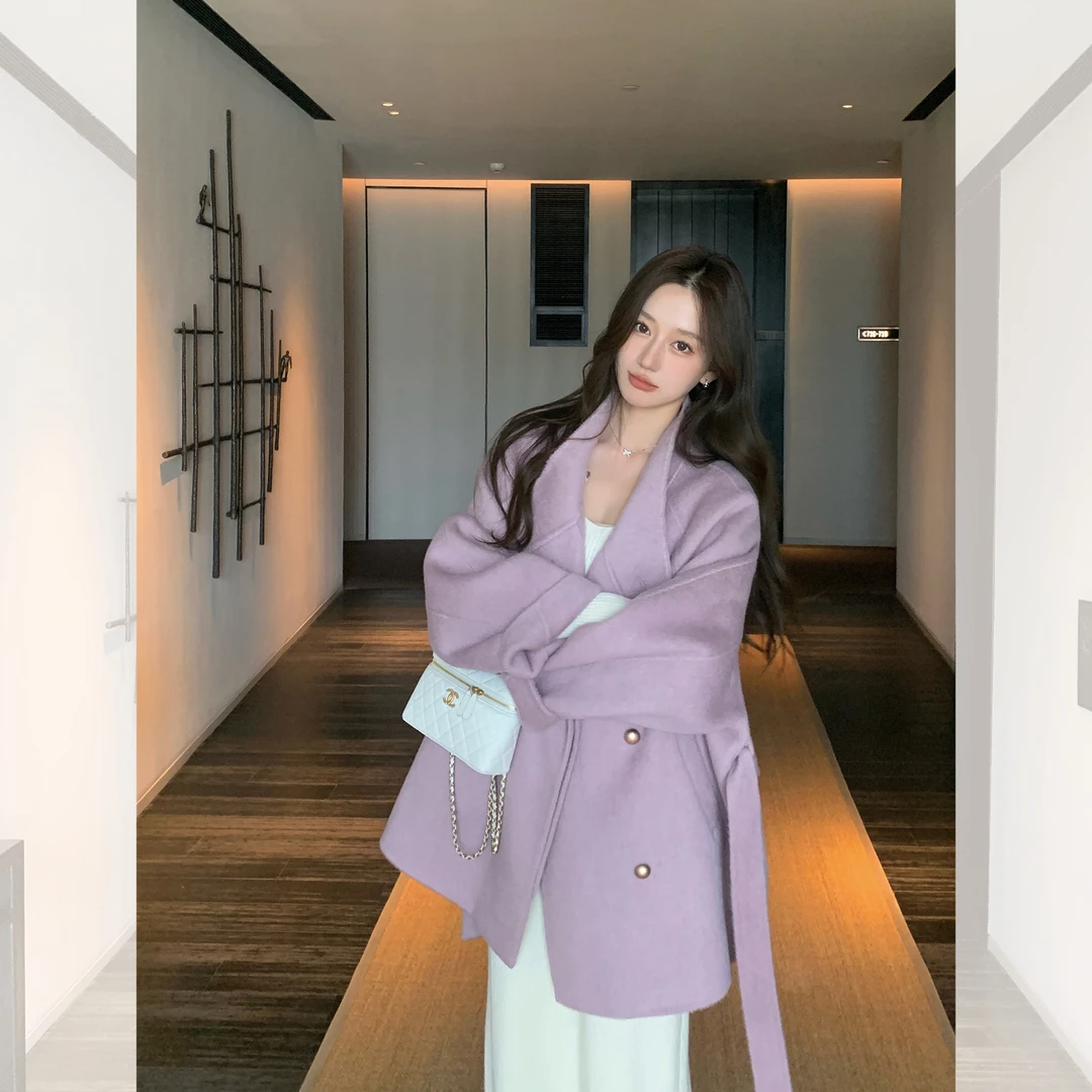 大娇「高智韩女」超显气质的香芋紫色~骆驼绒混纺中长款双面呢大衣