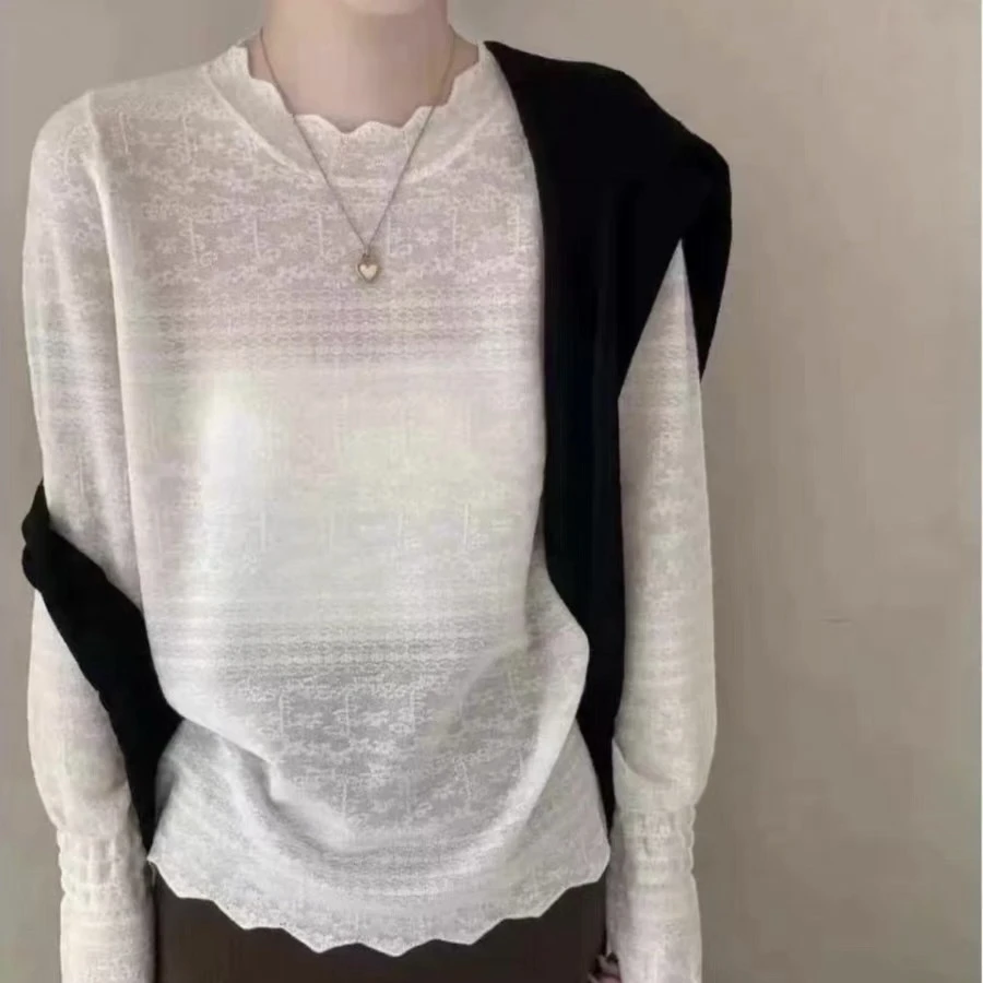 菩朵 细羊欧根纱花边圆领套上衫百搭长袖