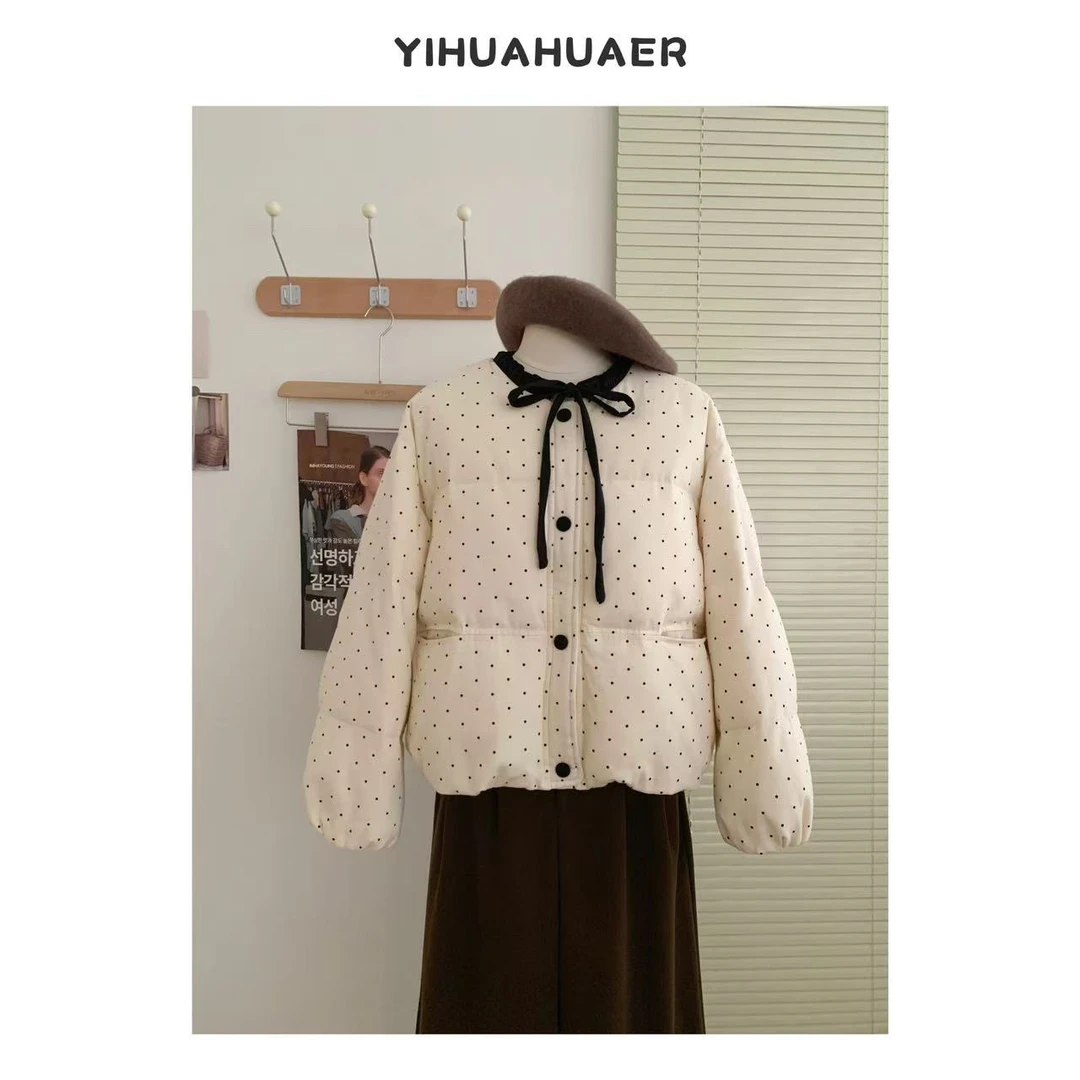 【波点奶霜.2】东大门韩版时尚波点系带领设计感百搭保暖棉服4253