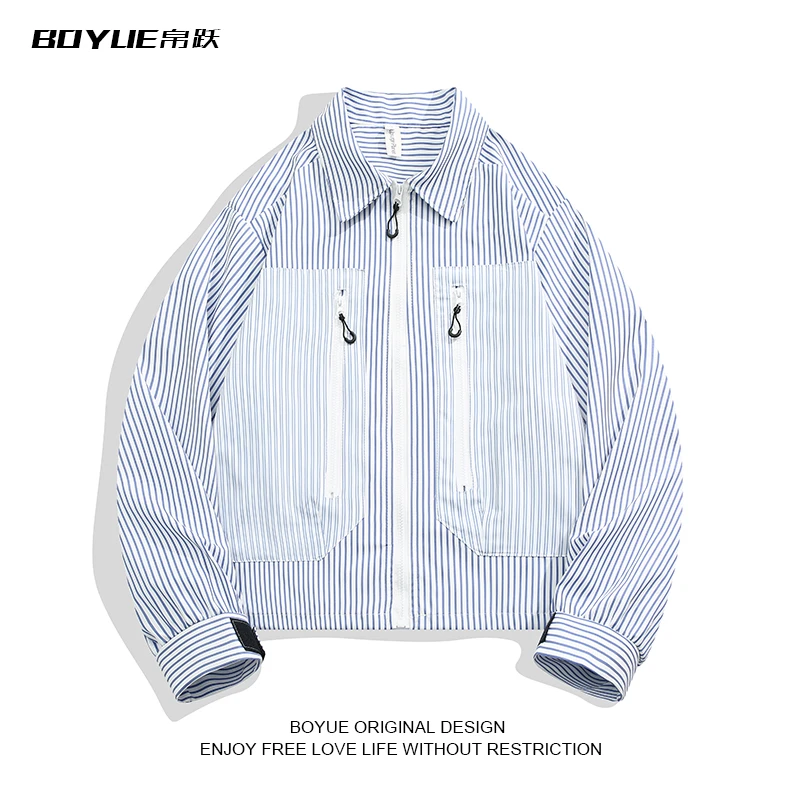 BOYUE帛跃美式复古条纹衬衫夹克男宽松休闲小众设计撞色拼接外套