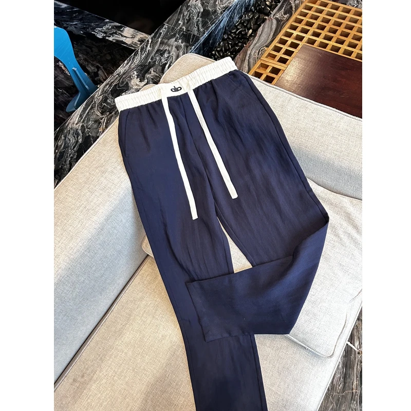 alo天丝凉感轻奢拼接休闲裤男士夏季薄款垂感直筒宽松透气长裤子