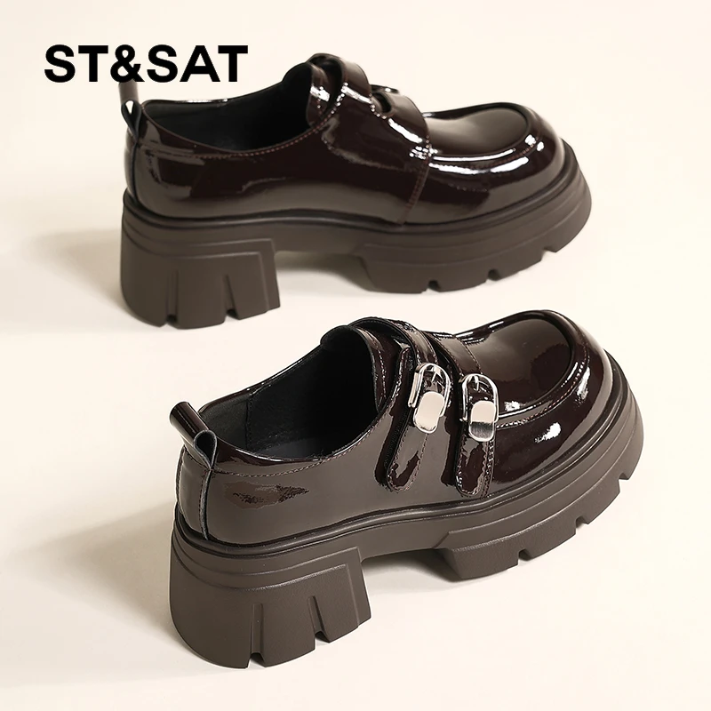 星期六粗跟小皮鞋增高6CM小个子复古双扣一脚蹬乐福鞋日系厚底鞋