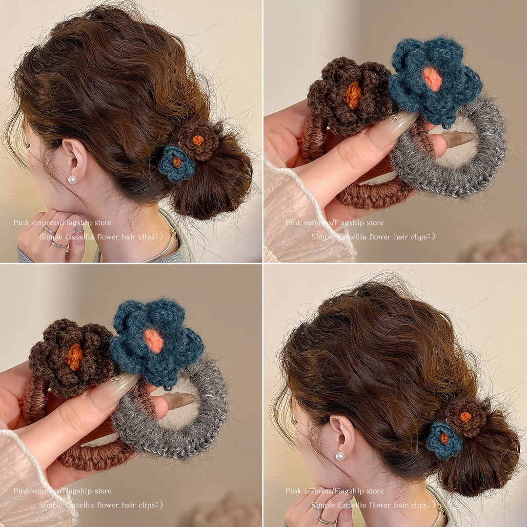 针织花朵毛线发圈高级感秋冬扎头发头绳高弹力橡皮筋耐用发绳发饰