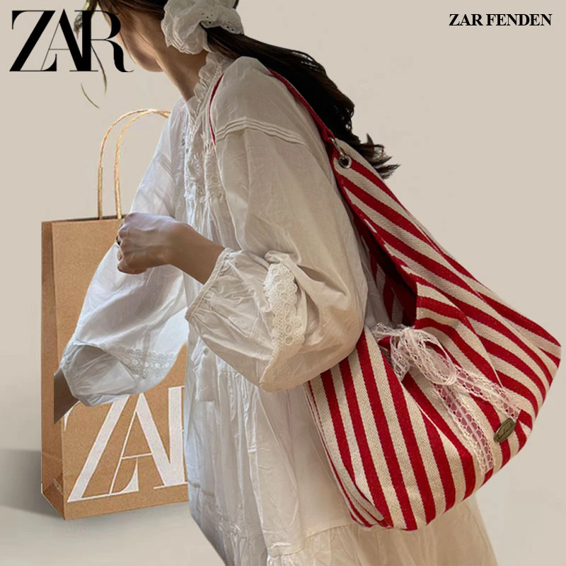 ZAR FENDEN条纹帆布包包女夏天2025字母印花双面单肩包学生上课包