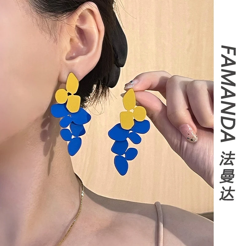 法曼达 铜合金耳饰 【黄蓝碎片】几何形时尚银色百搭个性拼色耳钉女