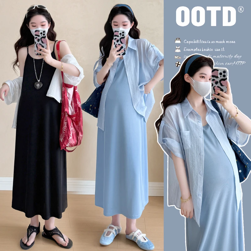 孕妇装2025新款夏装连衣裙时尚套装夏季薄款衬衫孕妇吊带裙两件套