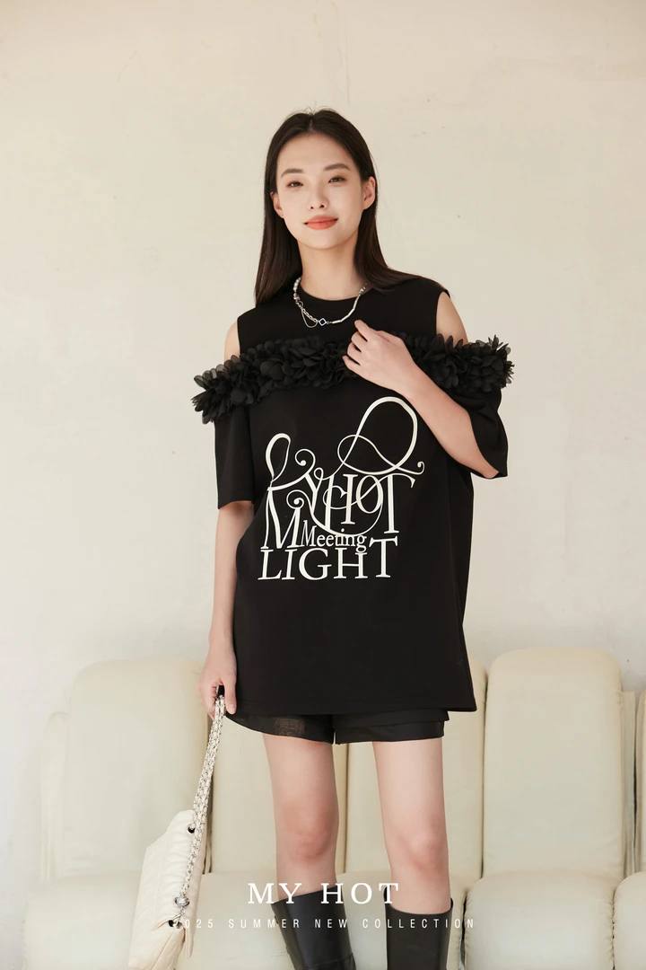 H313215548黑色重工街头风拼接欧式夏季短袖印花卡通圆领T恤