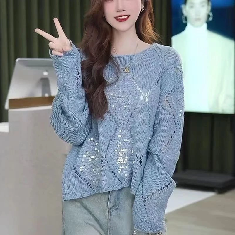 流行2025年时尚百搭好看舒适洋气亮片毛衣宽松秋冬慵懒菱形镂空针