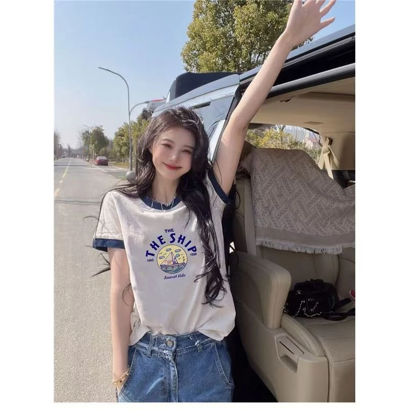 韩版正肩印花短袖T恤衫设计感新款显瘦百搭上衣棉感洋气衣服女