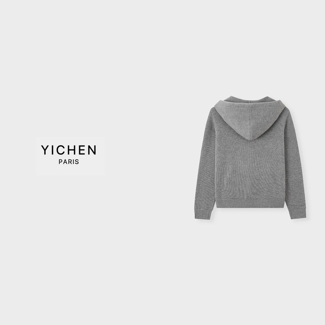 YC 刺绣徽标花灰色连帽休闲针织毛衣-6051