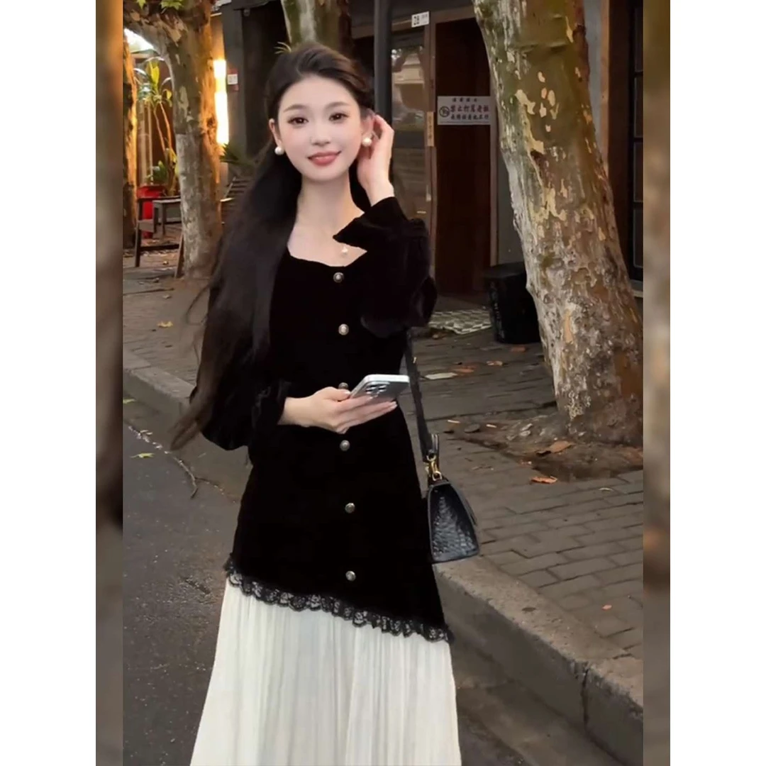 赫本风气质撞色名媛丝绒连衣裙女装2025秋冬新款优雅女神范长裙子