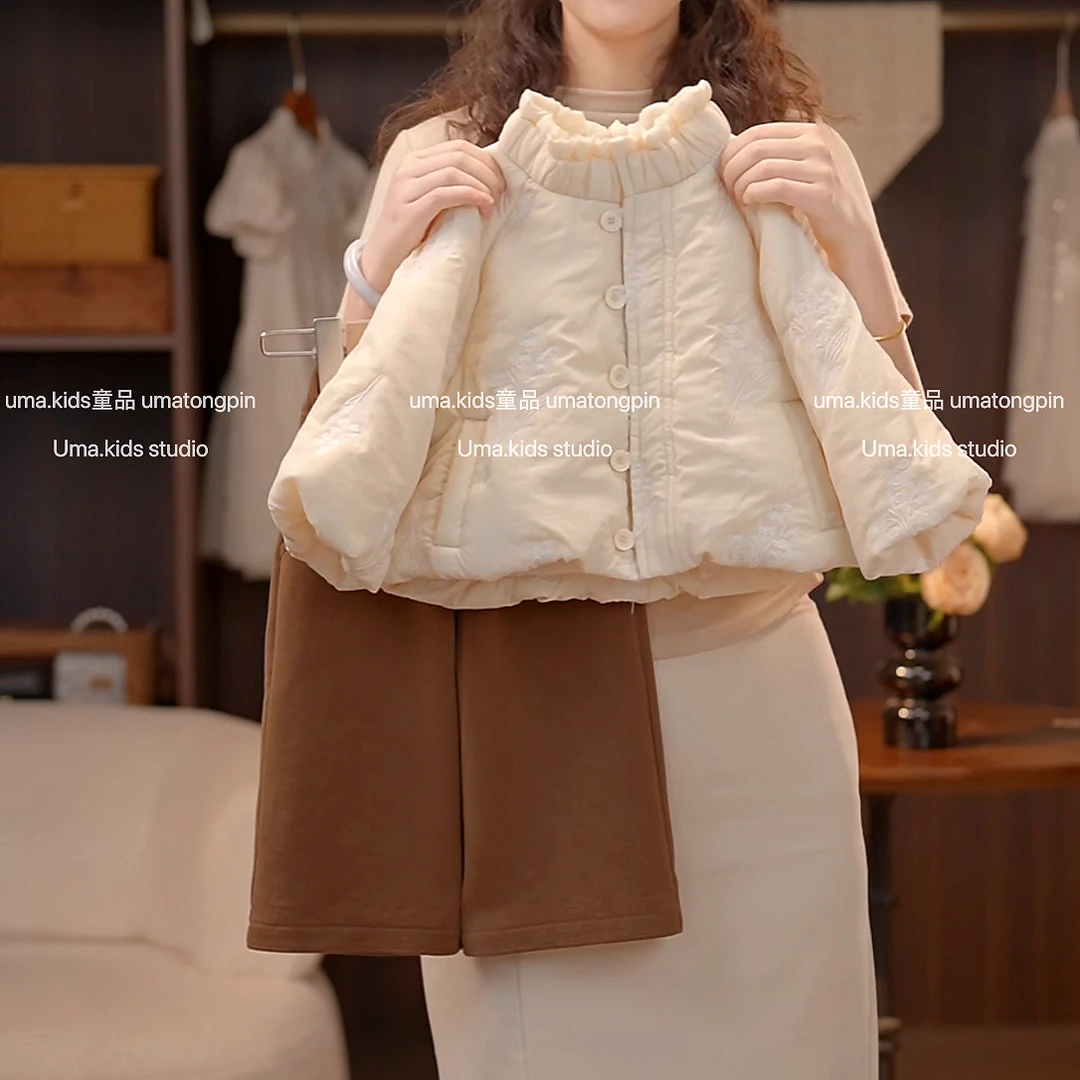 刺绣绗缝圆领棉服套装秋冬宽松常规款百搭风韩版立领女童保暖