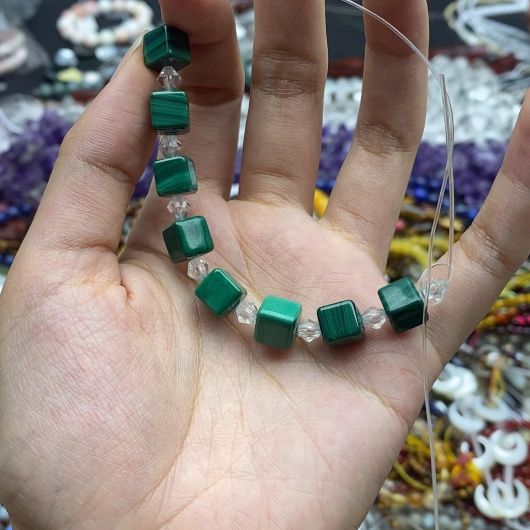 玛瑙/玉髓未镶嵌珠宝半成品四个装纯天然孔雀石方糖7.5mm
