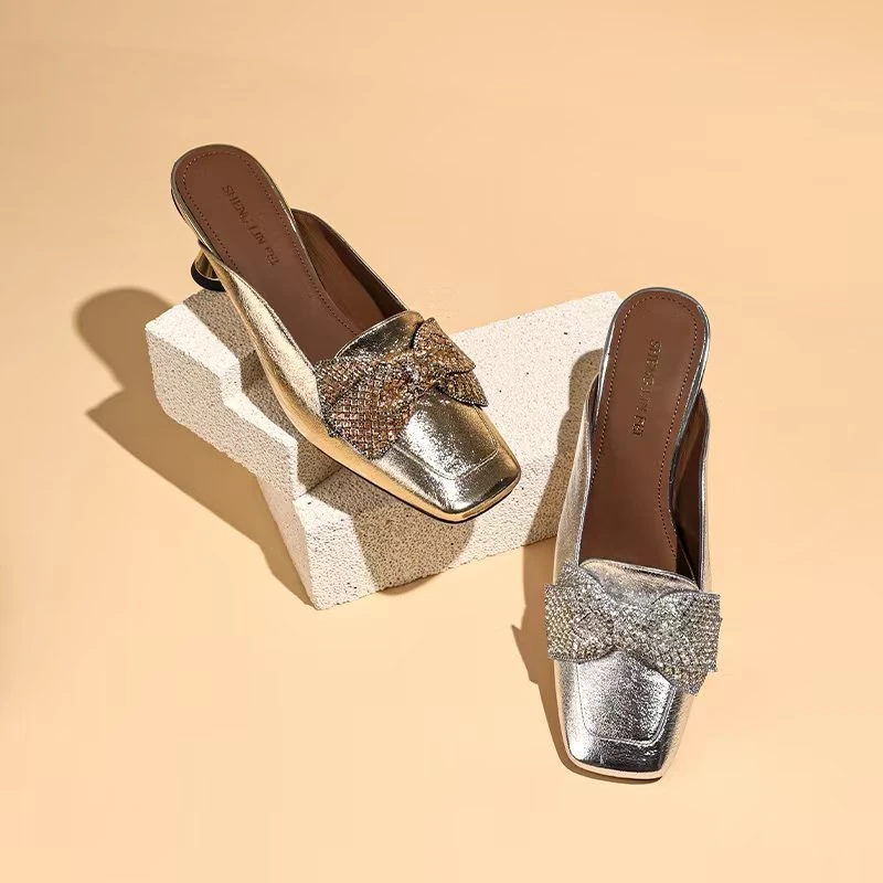 圣琳妃/羊皮/5CM气质水钻方头拖鞋女夏季外穿高跟凉鞋D20059