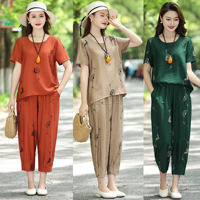 妈妈装夏季短袖套装绵绸两件套印花女装中年女装套装2025洋气
