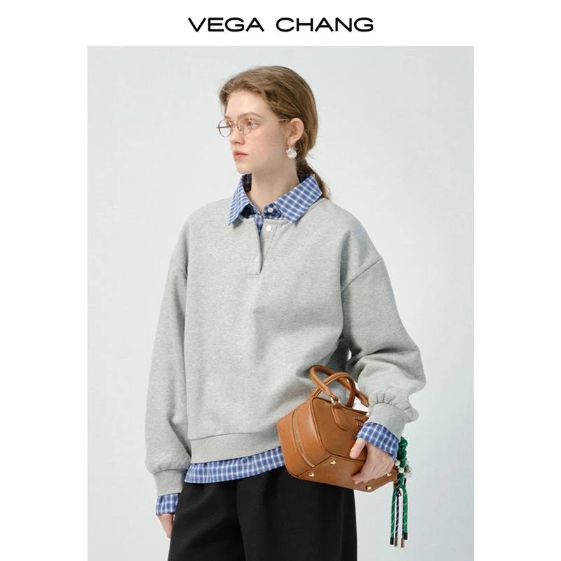 VEGA CHANG卫衣女2025年秋季新款假两件休闲通勤学院风长袖上衣