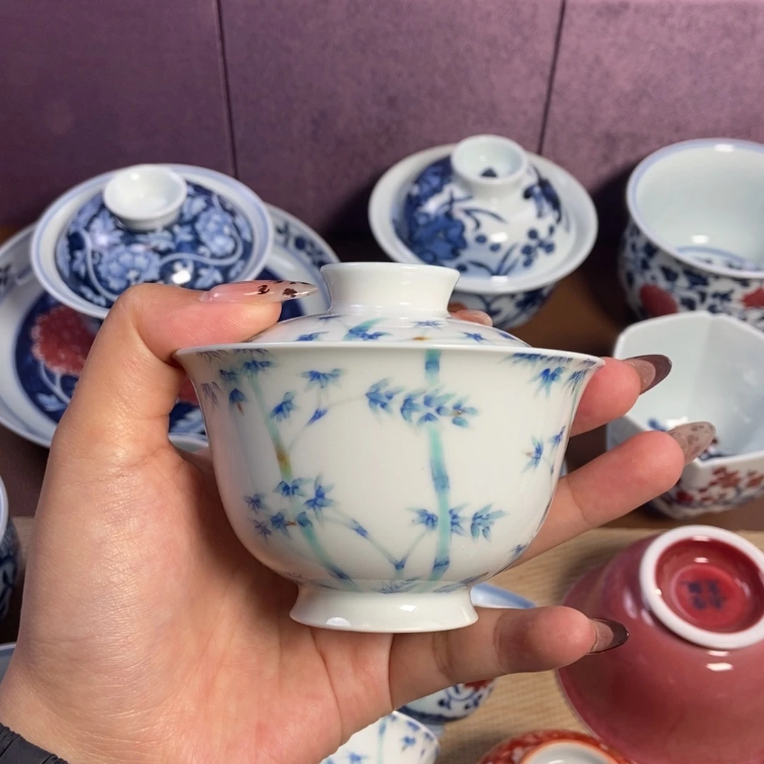 陶溢珍堂绿釉新竹盖碗