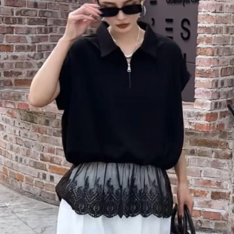 9517夏季新款小众设计感纯色蕾丝拼接短袖T恤上衣女4