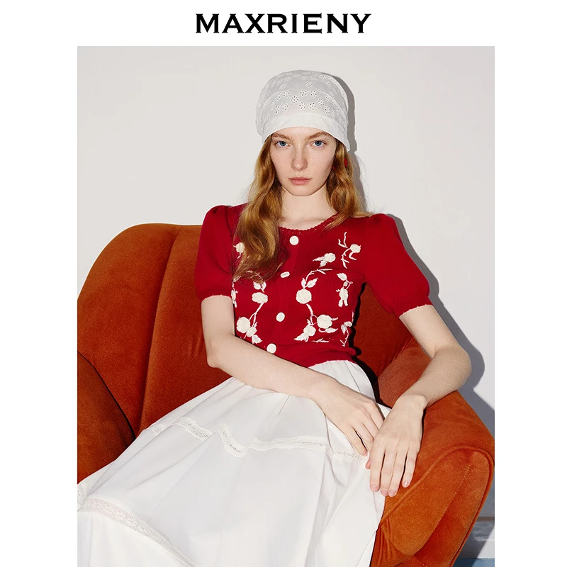 【主题纪念款】MAXRIENY南法玫瑰套装上衣女立体手钩花酒红毛衫
