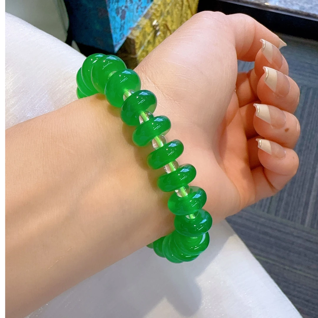 QIAOZUN/巧尊天然玉髓13mm老型珠单圈绿色时尚算盘素圈高品百搭质