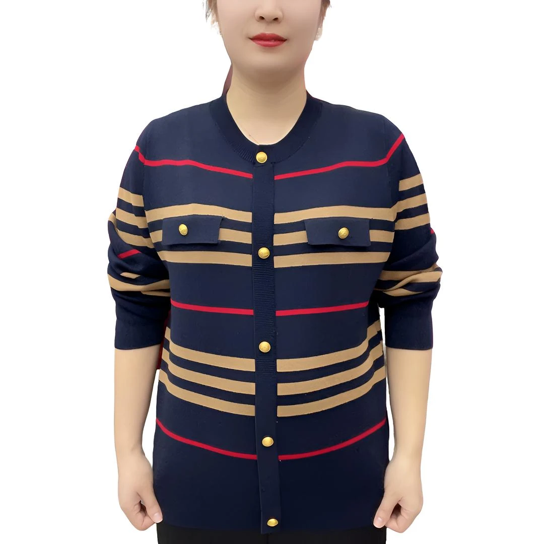 时尚妈妈装2025春秋新款圆领条纹针织套头长袖上衣女休闲时尚毛衣