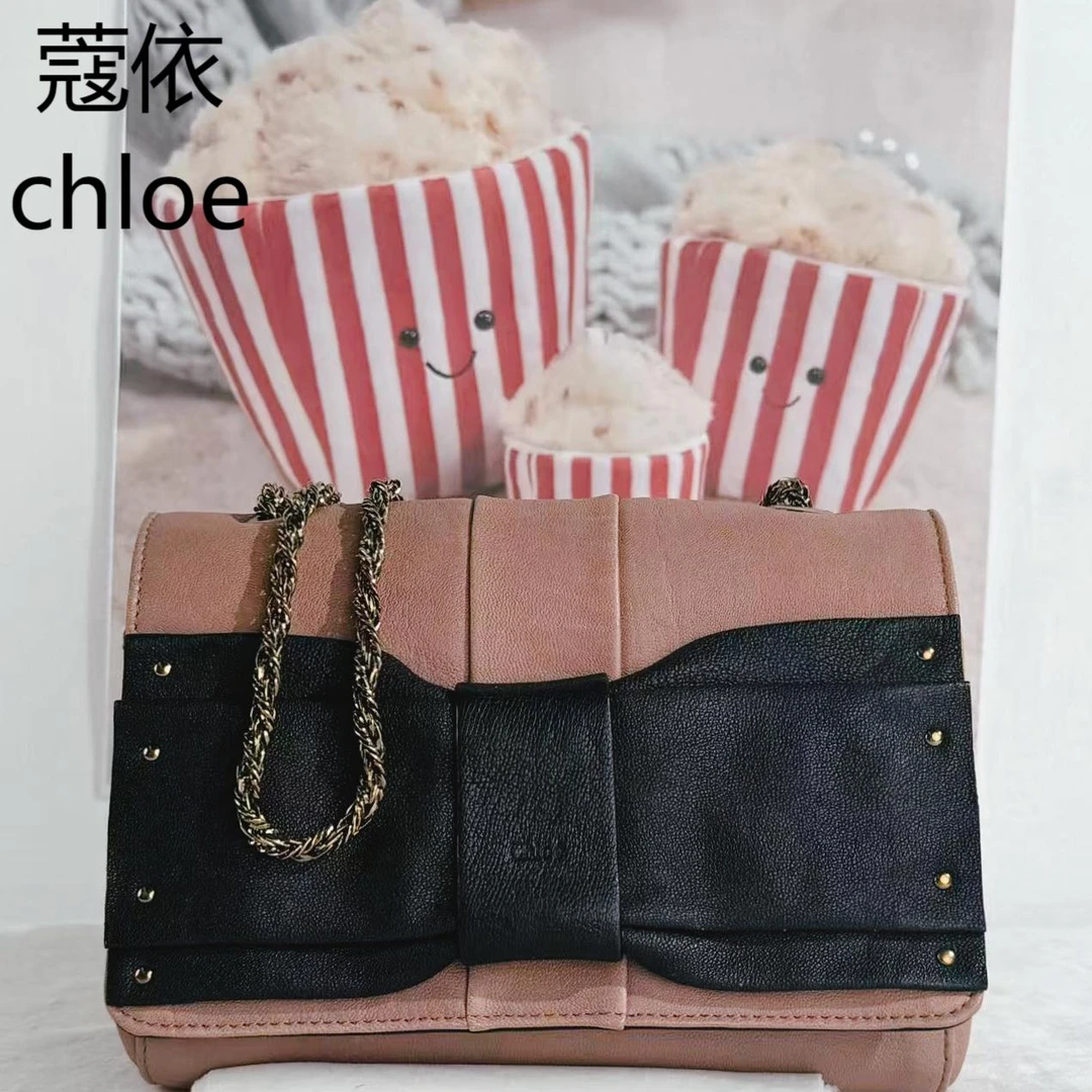 95新 Chloe/蔻依 粉拼黑链条斜挎包G25310426底长19X14