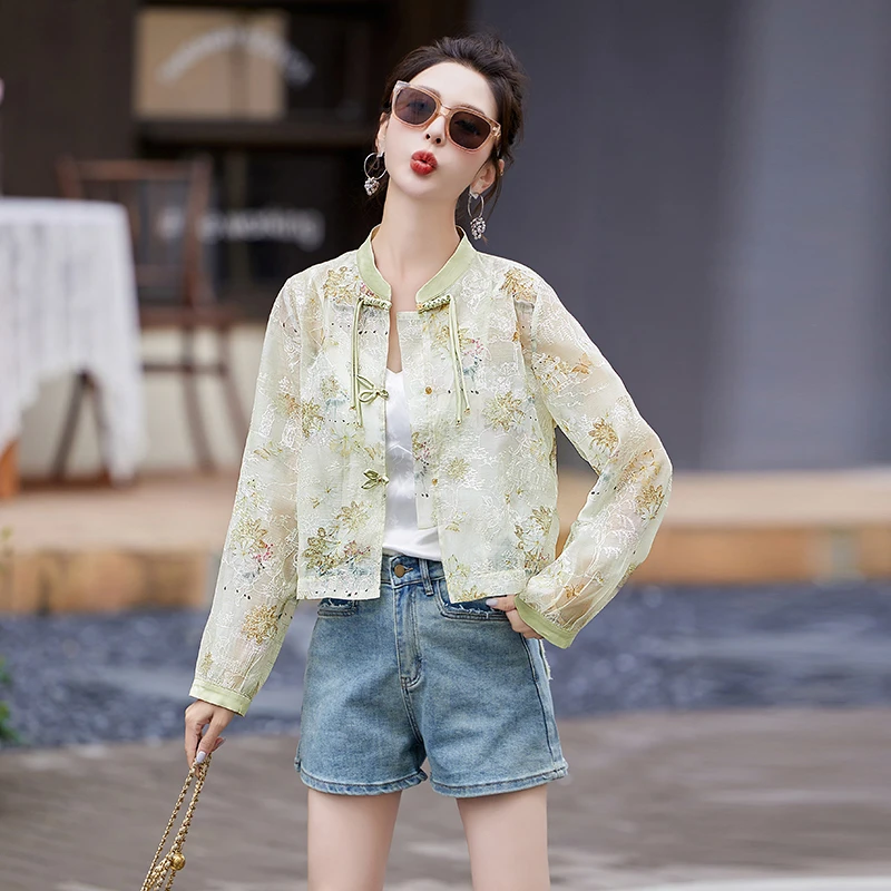新中式国风外套女春秋宽松薄款小个子刺绣提花短款防晒衣衬衫上衣