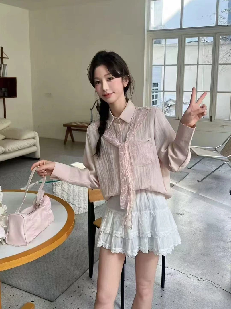 法式简约气质休闲蕾丝披肩衬衫5002