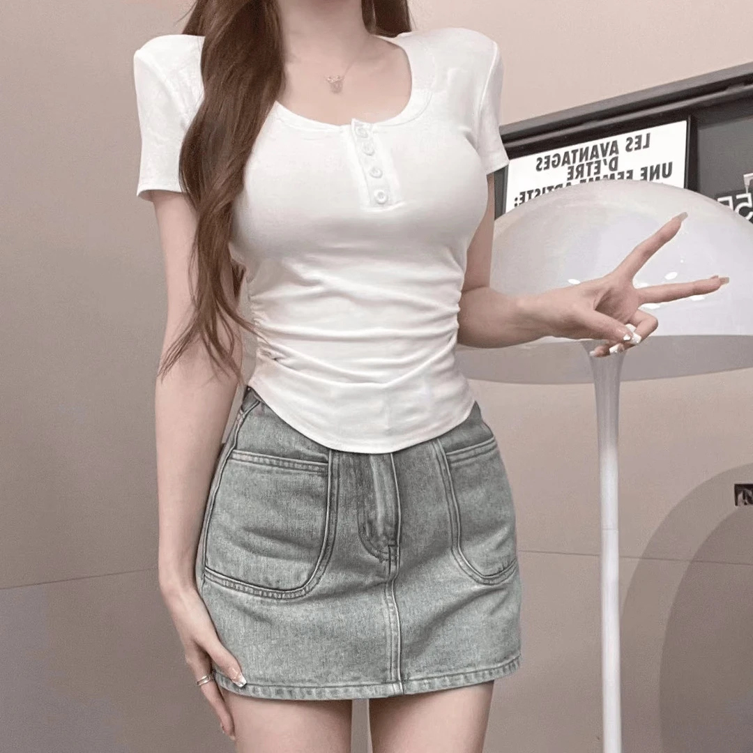 辣妹纯欲褶皱短款上衣女2025年夏季新款高腰短袖T恤小众设计感