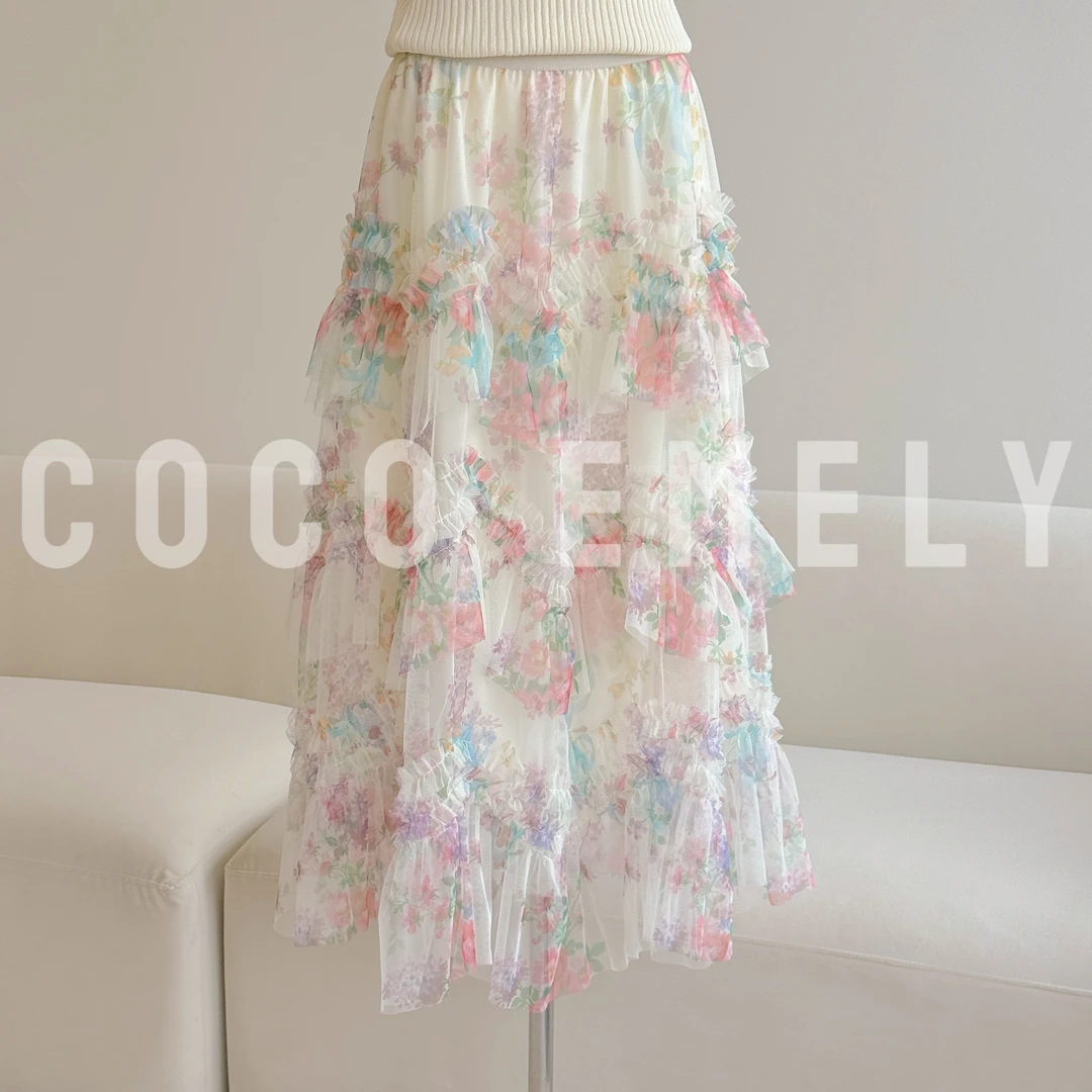 COCOEMELY气质风油画花朵网纱不规则蛋糕裙CO07211469小众女装