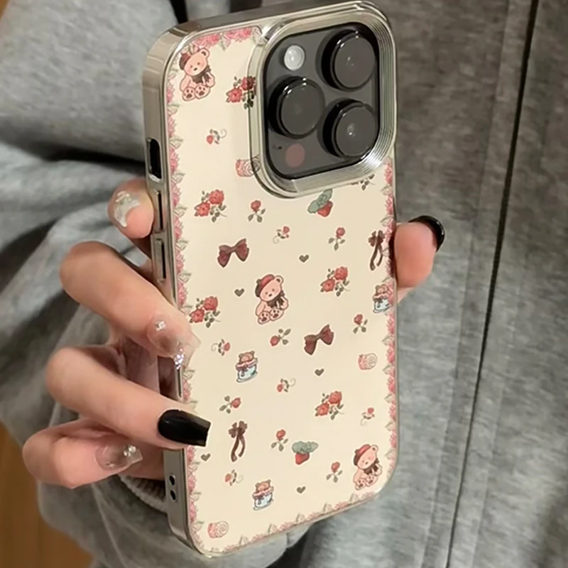 复古碎花小熊电镀框适用苹果16/15/14promax镭射手机壳iPhone13女